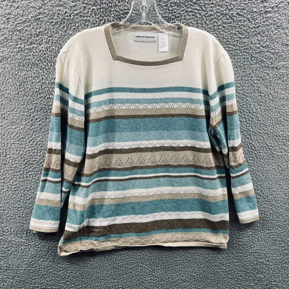 Vintage Women Knit Pullover Sweater L Geometric Stripe Coastal Minimalist Casual